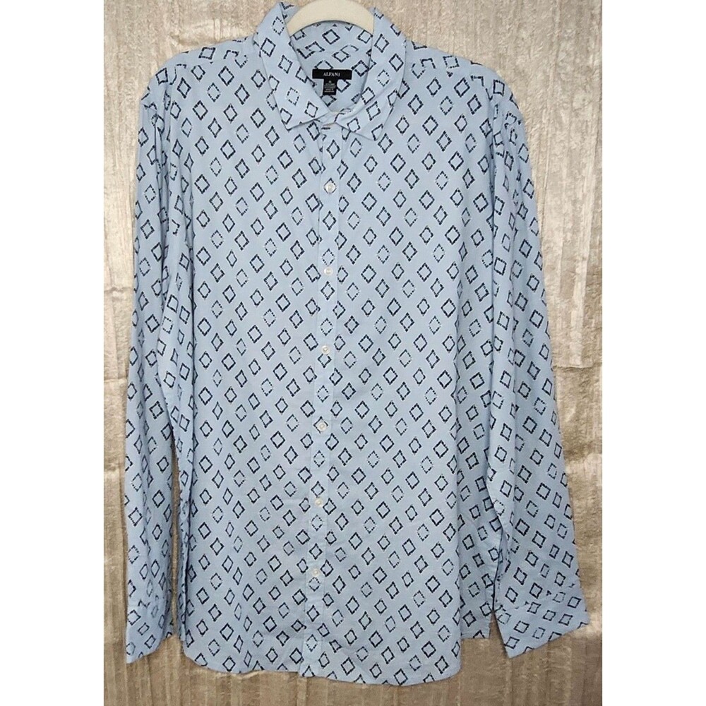 Mens XL Blue Diamond Print Linen Blend Button Up Shirt Long Sleeve NWT Casual